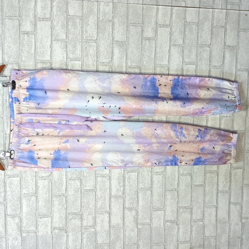 Victoria's Secret Pastel Sky Birds In Flight Satin Sleep Pant Joggers w Pockets